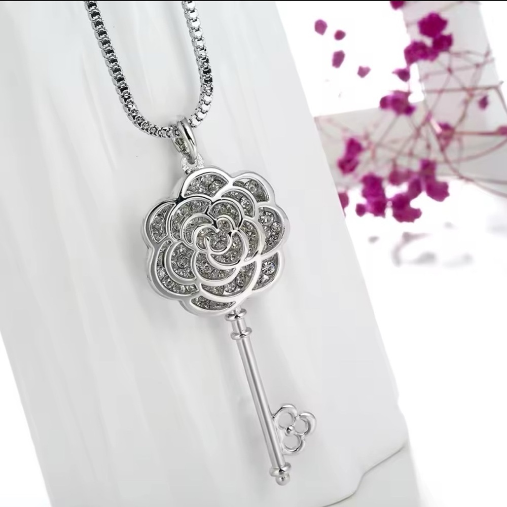 925 Sterling Silver Camellia Blossom Key Long Chain Necklace w/ Zircon Accents - Picture 5 of 11